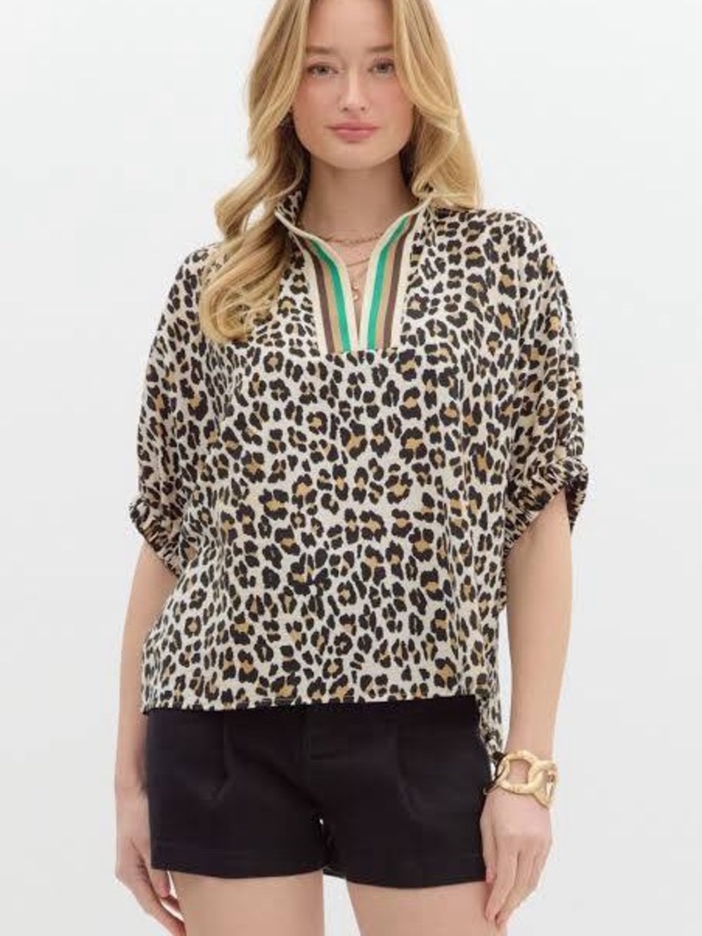 entro Leopard-Print Pullover Tunic with Green-Striped V